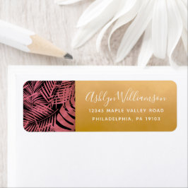Roze roze gouden tropische palmblad script adres etiket