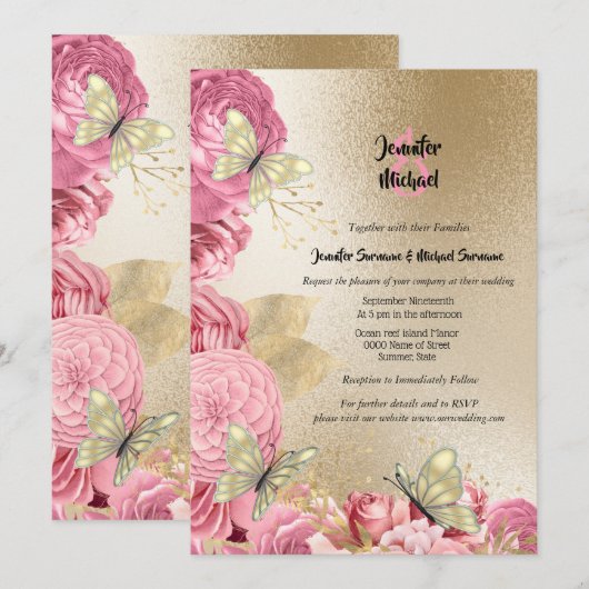Roze roze gouden vlinderloof bruiloft kaart (Voorkant / Achterkant)