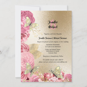 Roze roze gouden vlinderloof bruiloft kaart