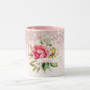 Roze roze goudfloralen  monogram naam mok