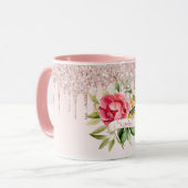 Roze roze goudfloralen monogram naam mok (Voorkant links)