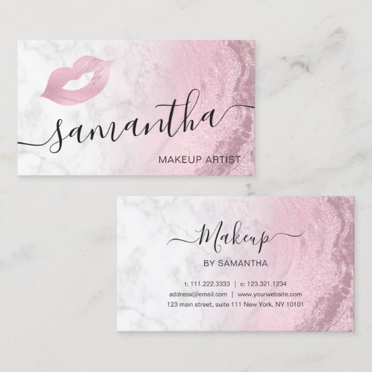 Roze roze goudglitter lippen marmer make-up arties visitekaartje (Voorkant / Achterkant)