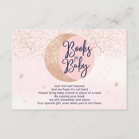 Roze roze goudglitter maan brengt boek baby shower informatiekaartje (Voorkant)