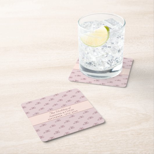 Roze roze goudmonogram initiaal elegante bruiloft kartonnen onderzetters (Insitu)