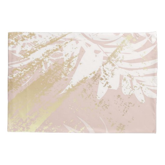 Roze roze goudpalmoverbladeren wit kussensloop (Achterkant)