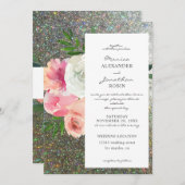 Roze Roze Grijs Bloem en Zilver Glitter Bruiloft 2 Kaart (Voorkant / Achterkant)