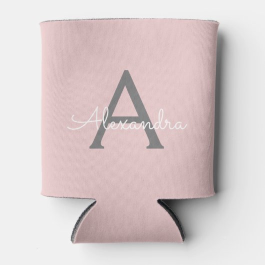 Roze Roze Grijs Moderne Script Meisjesachtig Monog Blikjeskoeler (Voorkant)