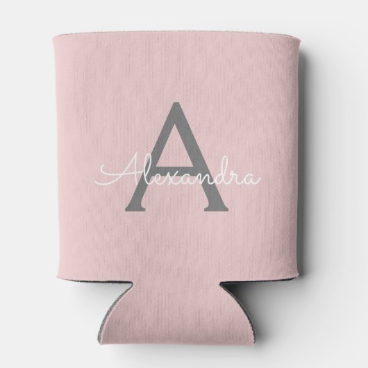 Roze Roze Grijs Moderne Script Meisjesachtig Monog Blikjeskoeler (Achterkant)