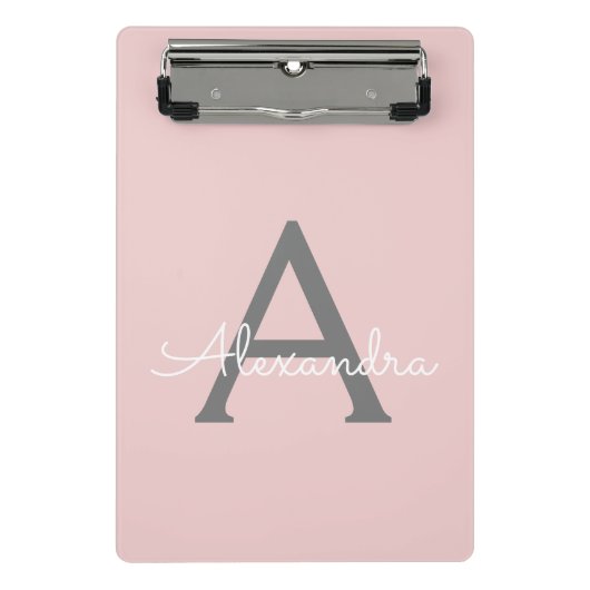 Roze Roze Grijs Moderne Script Meisjesachtig Monog Mini Klembord (Voorkant)