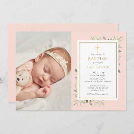 Roze Roze Groene Doop Foto Kaart (Voorkant / Achterkant)