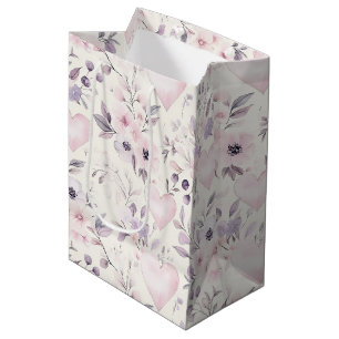 Roze Roze Hartjes Paarse Bloemen Verjaardag Medium Cadeauzakje
