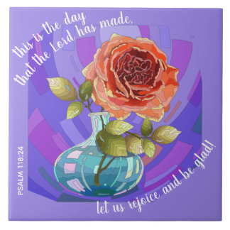 Roze roze in vaas, met vers van Psalm 118:24 Tegeltje