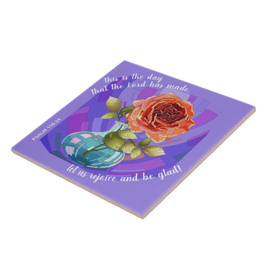 Roze roze in vaas, met vers van Psalm 118:24 Tegeltje (Zijkant)