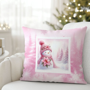 Roze Roze Kerst Sneeuwman Pastel Winter Kinderen K Kussen