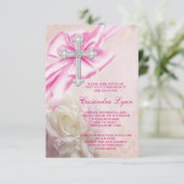 Roze Roze Kruis Eerste Communie Kaart (Staand voorkant)