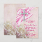 Roze Roze Kruis Eerste Communie Kaart (Voorkant / Achterkant)