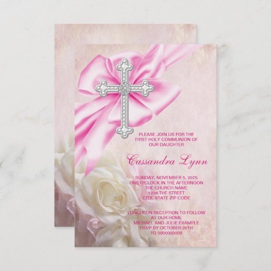 Roze Roze Kruis Eerste Communie Kaart (Voorkant / Achterkant)