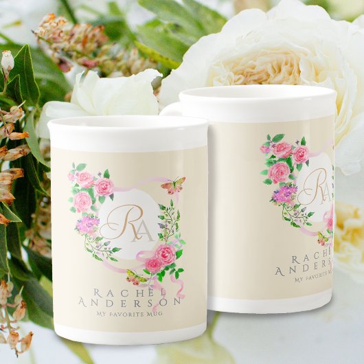 Roze Roze Lint Chic Monogram Beige Porselein Kop