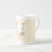Roze Roze Lint Chic Monogram Beige Porselein Kop (Voorkant rechts)