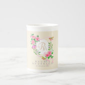 Roze Roze Lint Chic Monogram Beige Porselein Kop (Voorkant)
