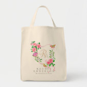 Roze Roze Lint Chic Monogram Beige Tote Bag (Voorkant)