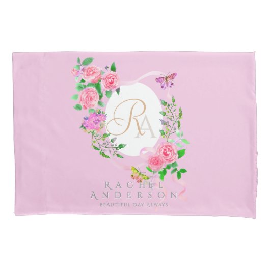 Roze Roze lint Monogram Roze Kussensloop (Voorkant)
