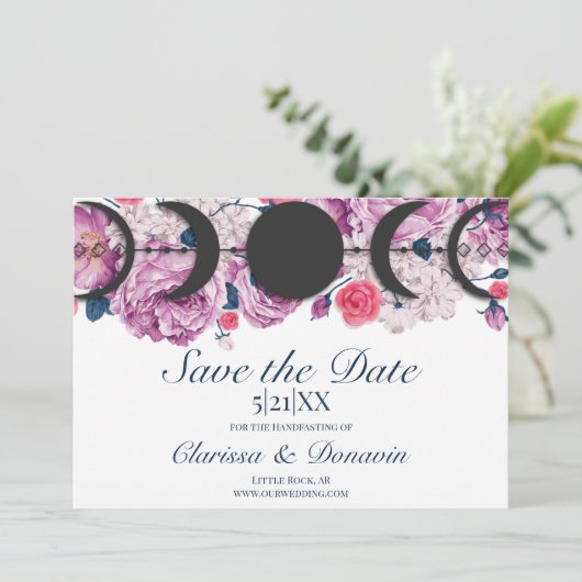Roze Roze Maan Fase Wiccan Handfasting Save The Date (Staand voorkant)