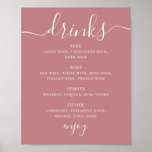 Roze Roze Moderne Script Bruiloft Dranken Bar Menu Poster (Voorkant)