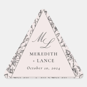 Roze Roze Monogram Bruiloft Driehoek Sticker Label