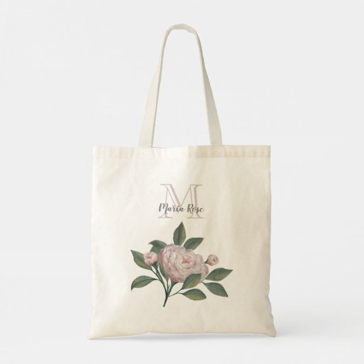  Roze Roze Monogram Naam Floral Tote Bag (Achterkant)