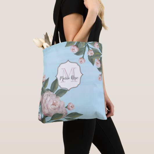 Roze Roze Monogram Naam Floral Tote Bag (Dichtbij)