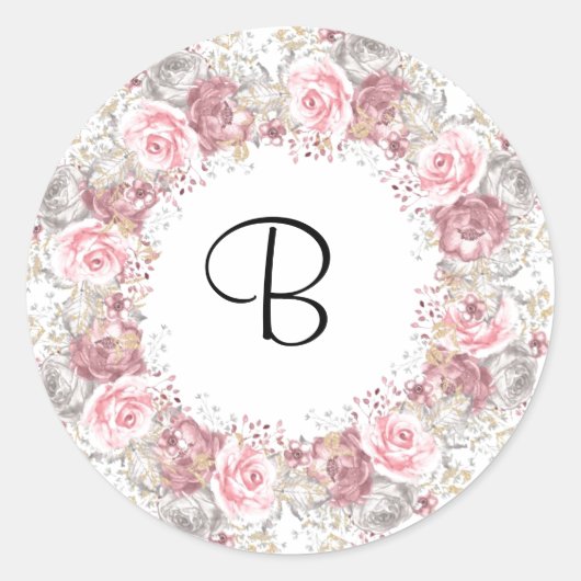 Roze roze monogram ronde sticker (Voorkant)