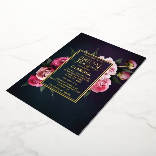 Roze Roze Moody Peony Flower Chic Vrijgezellenfees Folie Uitnodiging (Gedraaid)