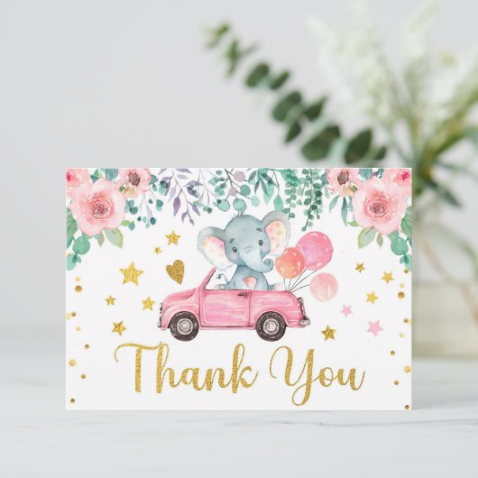 Roze roze olifant rijdt door Baby shower auto Bedankkaart (Staand voorkant)