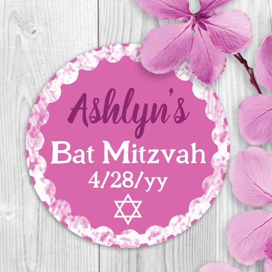 Roze Roze Persoonlijke Bat Mitzvah Feest Favor Ronde Sticker