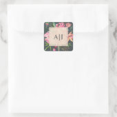 Roze Roze Pioen Bloem Botanische Monogram Vierkante Sticker (Tas)
