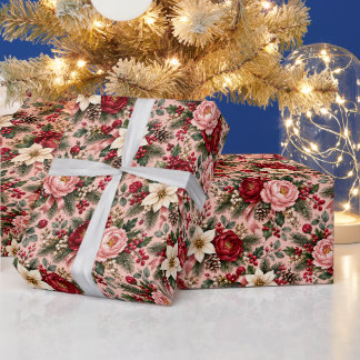 Roze Roze Pioen Salie Pijnboom Kerst Bloemstuk Cadeaupapier