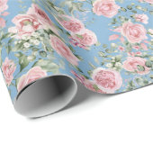 Roze roze pioenroos bloemen op blauw cadeaupapier (Rol Hoek)