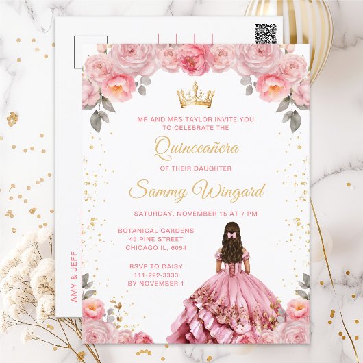 Roze Roze Prinses Bloem Quinceañera Briefkaart