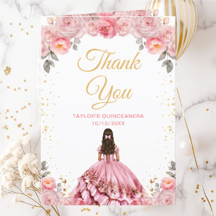 Roze Roze Prinses Bloemige Quinceañera Bedankkaart