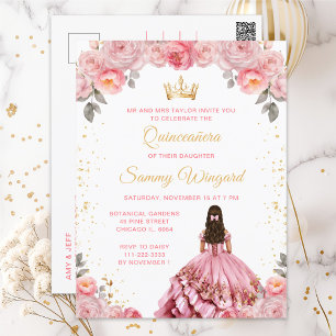 Roze Roze Prinses Florale Quinceañera Briefkaart