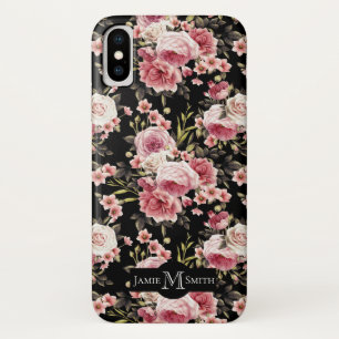 Roze roze profusiemonogram - Zwarte achtergrond Case-Mate iPhone Case