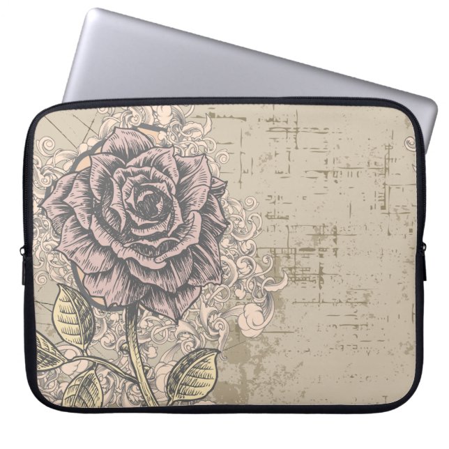 Roze Roze  Retro Grunge Floral Laptop Sleeve (Voorkant)