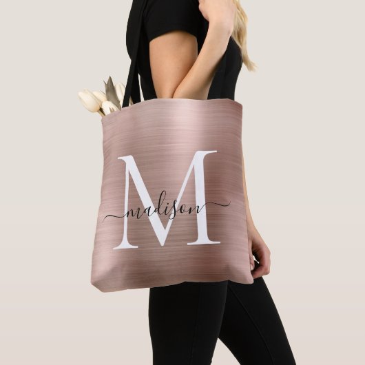 Roze roze roodbruine monogram geborsteld metaal sc tote bag (Dichtbij)