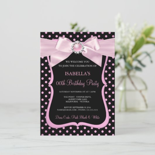 roze roze roodroze zwarte poladot Birthday Kaart (Staand voorkant)