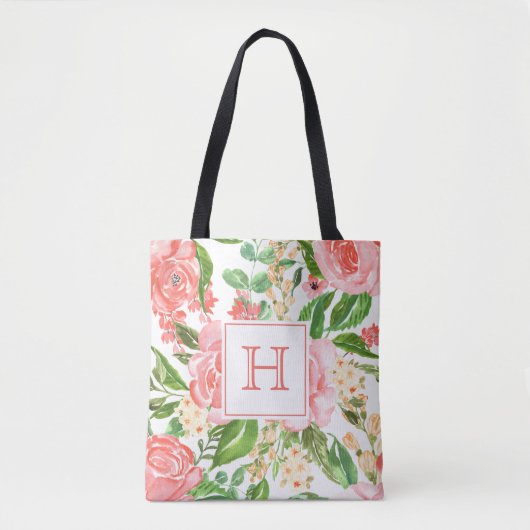 Roze Roze Roos Bloemige Aquarel Mooie Monogram Tote Bag (Voorkant)