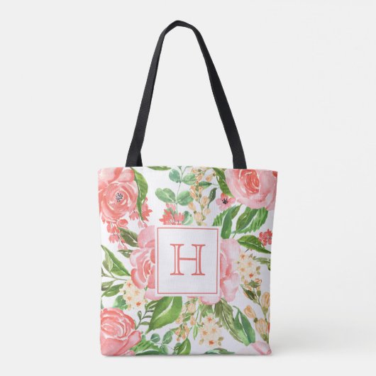 Roze Roze Roos Bloemige Aquarel Mooie Monogram Tote Bag (Achterkant)
