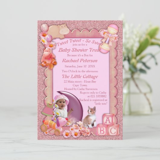 Roze Roze Roze Baby Meisje Shower Tweet Feest Uitn Bedankkaart (Staand voorkant)