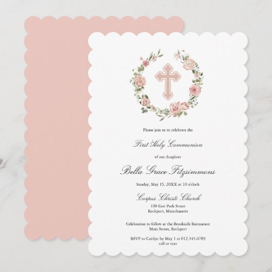 Roze roze roze bloemen Eerste communiqué Uitnodigi Kaart (Voorkant / Achterkant)