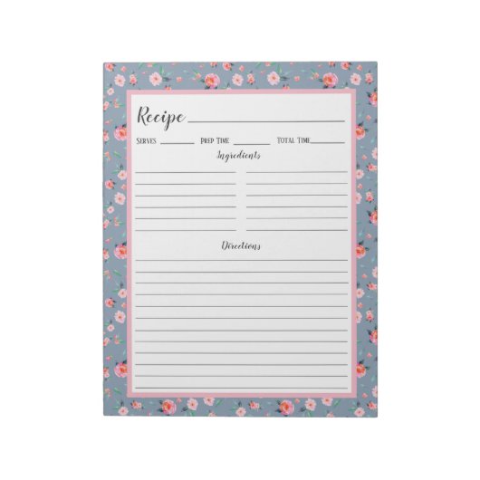 Roze Roze Roze Floral Dusty Blue Pattern Recipe Notitieblok (Linkerzijde)